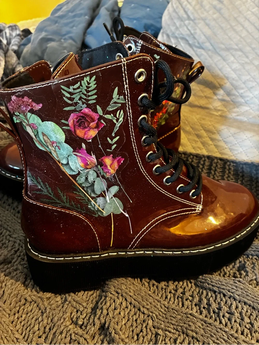 DIY Whimsical Cottage Core Glitter Floral Brown Wedge Combat Boots Unique - Picture 4 of 15